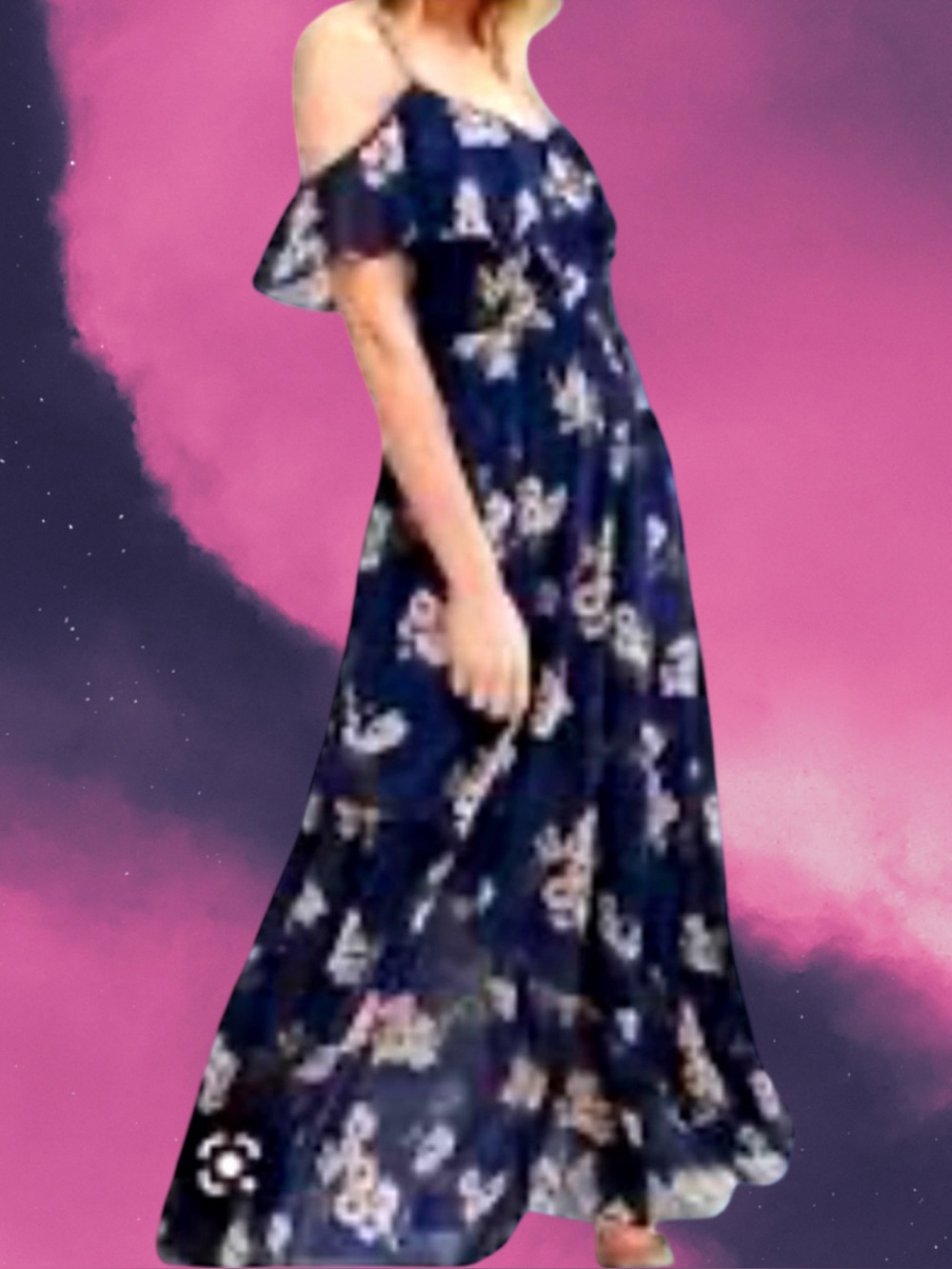 Liberty Love Women’s plus-size Navy Blue Floral Chiffon Cold Shoulder Dress💜💜2X